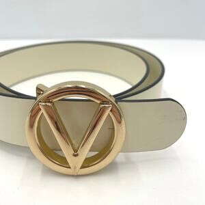 Mario Valentino V-Logo Italy Leather Belt Milk/Cream Gold Buckle Size Large 46"